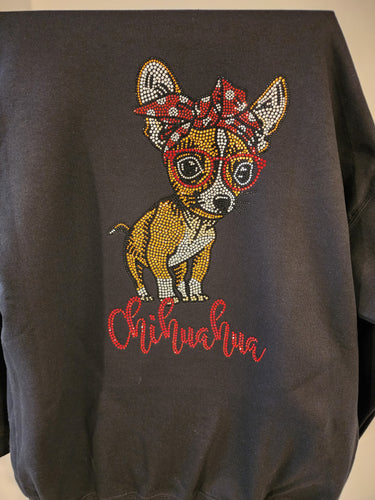 Chihuahua Rhinestone Zip-up Hooded Sweatshirt