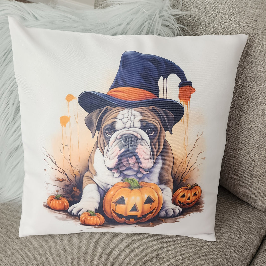 English Bulldog Wearing a Witch Hat with Pumpkins Throw Pillow, 16