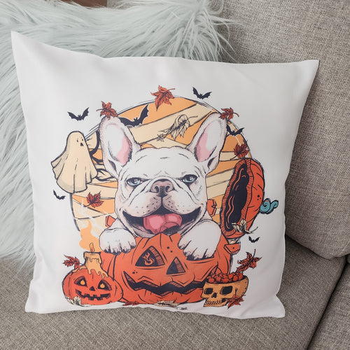 French Bulldog with Ghosts, Pumpkins, & Skulls Throw Pillow, 16