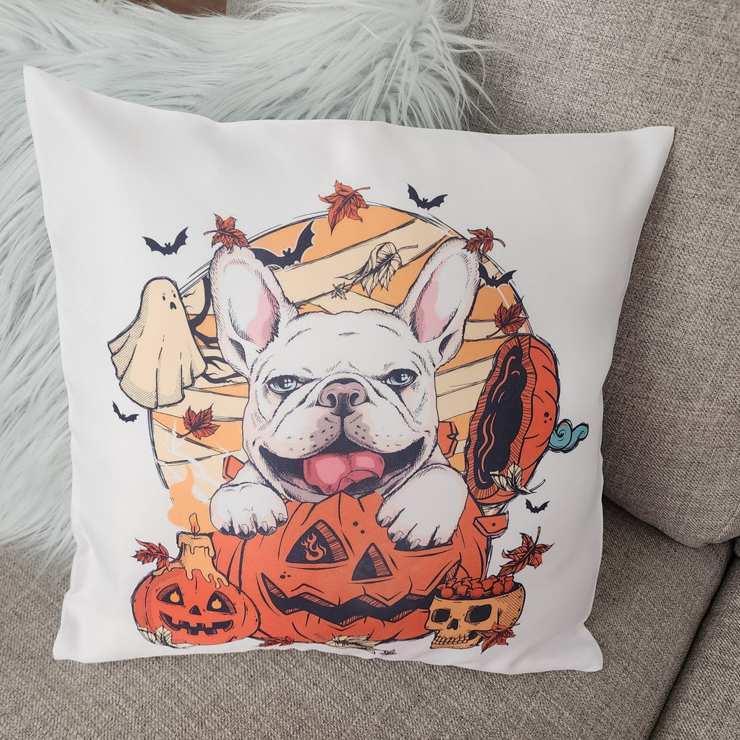 French Bulldog with Ghosts, Pumpkins, & Skulls Throw Pillow, 16