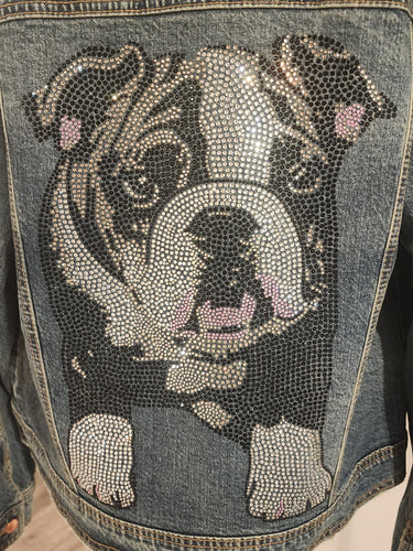 Black & White English Bulldog Rhinestone Denim Jacket