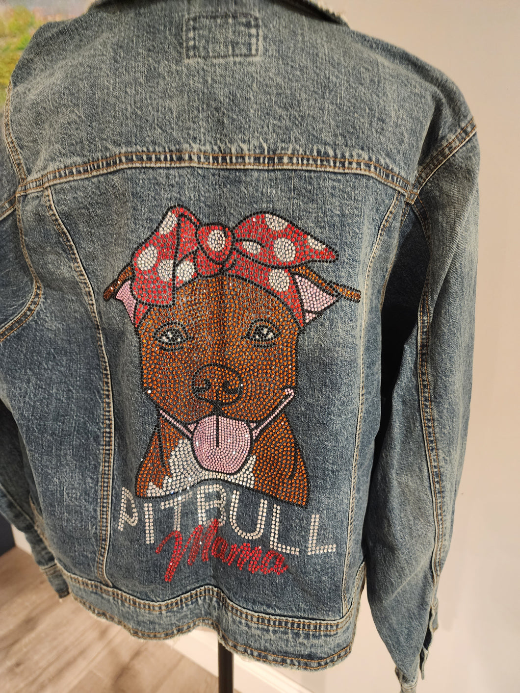 Red Nose Brown Pitbull Mama Rhinestone Denim Jacket