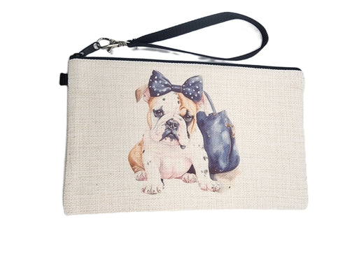 English Bulldog with Polk Dot Bow & Purse Make-up Bag