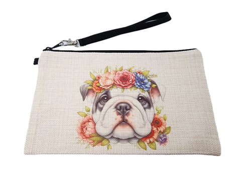 English Bulldog with Floral Crown Make-up Bag