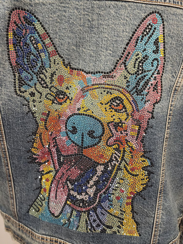 Colorful German Shepherd Rhinestone Denim Jacket