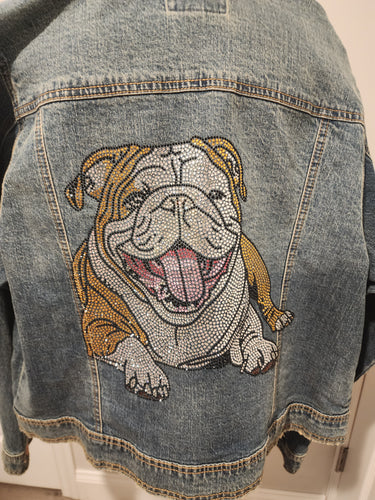 Smiling Brown & White English Bulldog Lying Down Rhinestone Denim Jacket