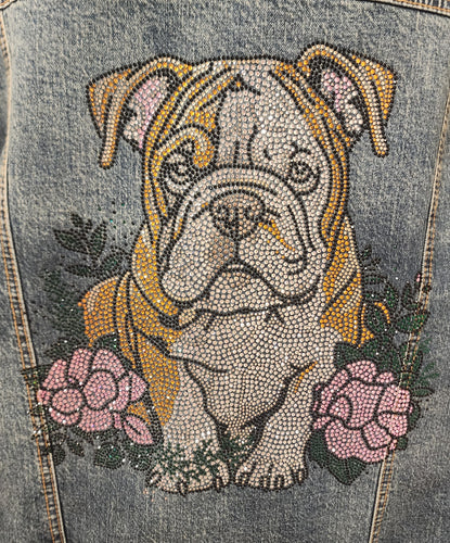 English Bulldog Pup in Flowers Rhinestone Denim Jacket