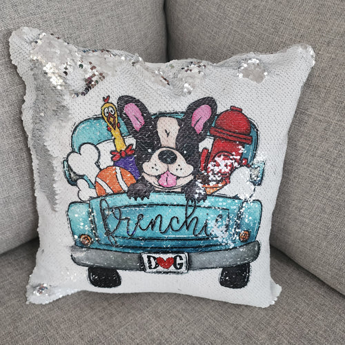 French Bulldog in Car Sequin Throw Pillow, 16