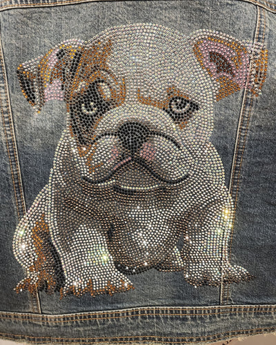 White with Brown Eye & Ear Patch English Bulldog Pup Rhinestone Denim Jacket