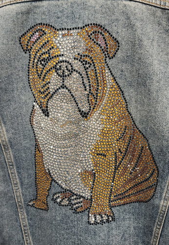 Brown & White English Bulldog Sitting Rhinestone Denim Jacket