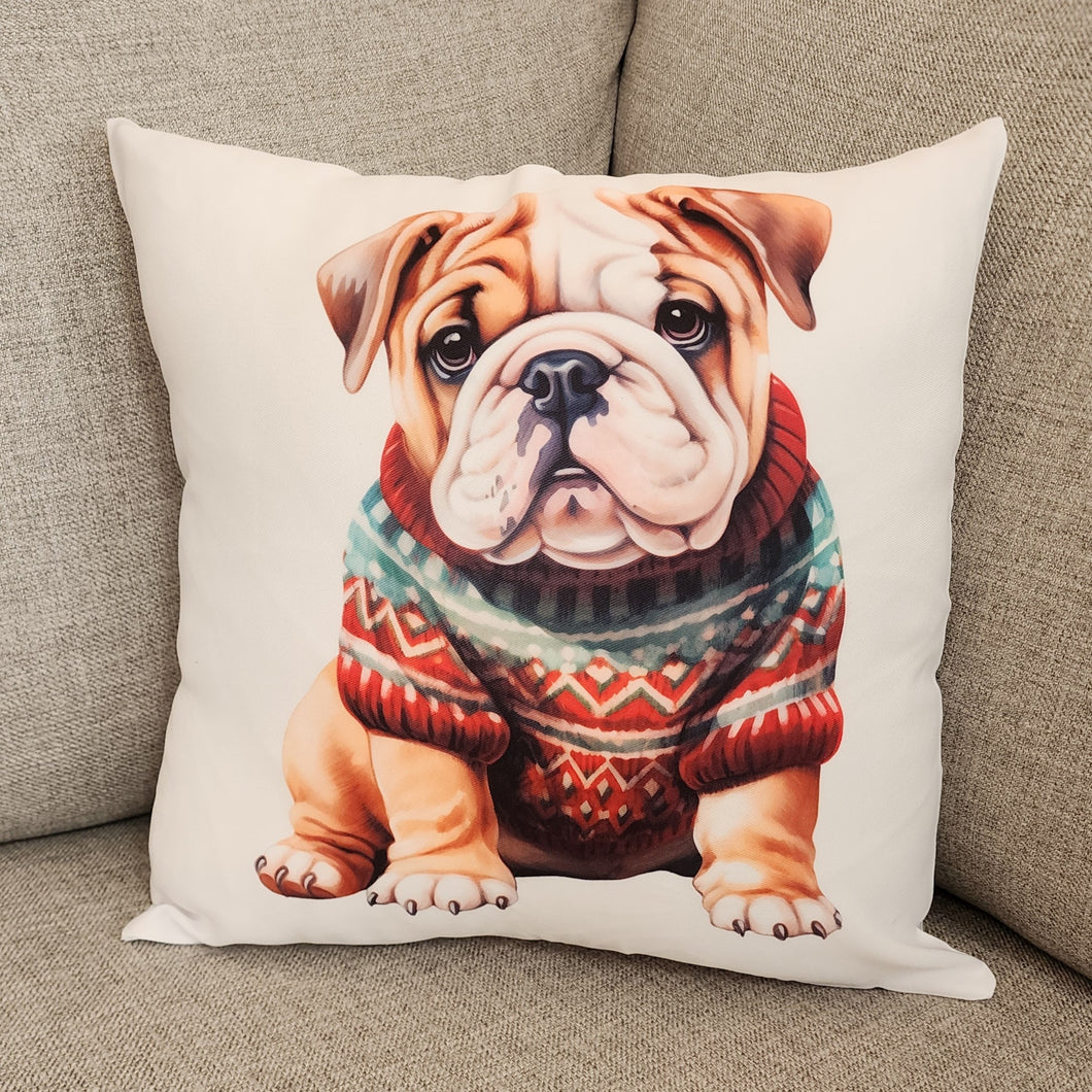 English Bulldog Pup in Sweater Throw Pillow, 16