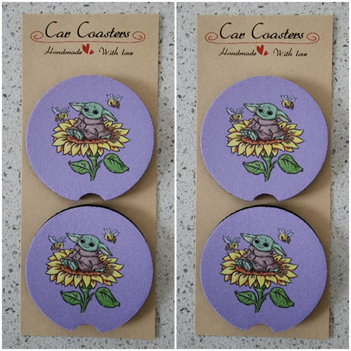 Yoda on a Sunflower Car Coasters, Set of 4