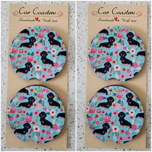 Dachshund with Flowers Car Coasters, Set of 4