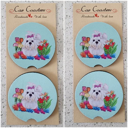 Maltese with Flowers Car Coasters, Set of 4