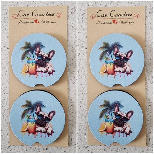 French Bulldog with Tropical Drink Car Coasters, Set of 4