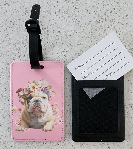 Bulldog Pink with Floral Crown Luggage Tag