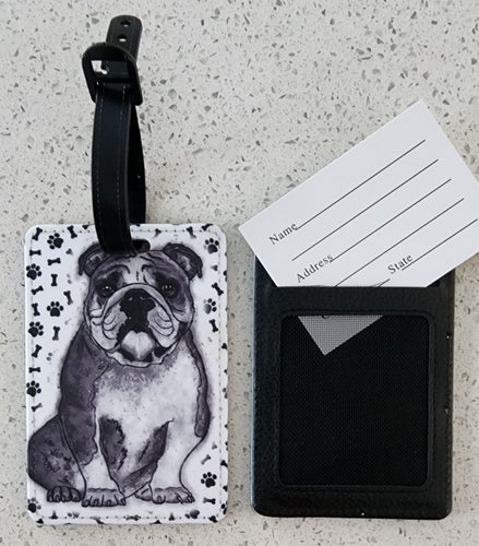 Bulldog Black & White with Black Bones & Pawprints Luggage Tag