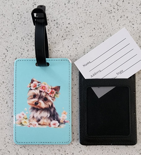 Yorkie with Floral Crown Luggage Tag