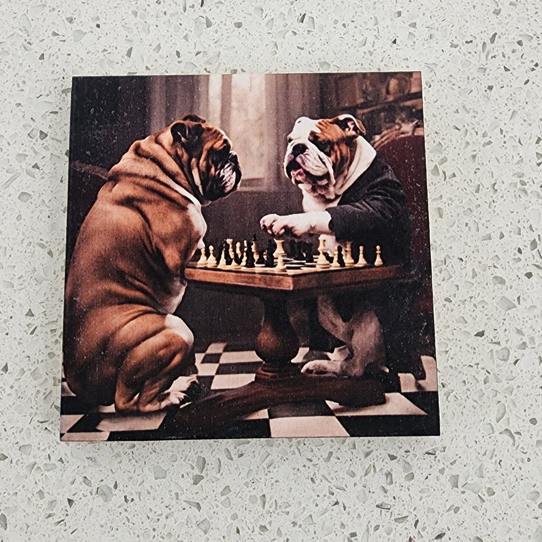 English Bulldogs Playing Chess Wood Magnet