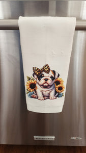 English Bulldog - Leopard Bow & Sunflowers Towel, 25" x 17"