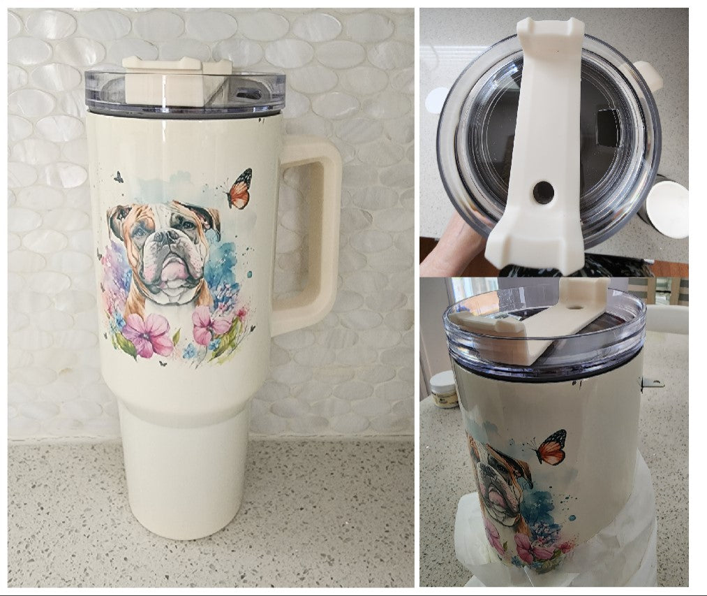 English Bulldog with Flowers & Butterflies Stainless Steel Tumbler, 40 oz.