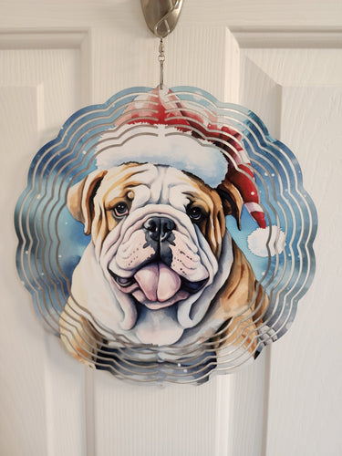 English Bulldog Wearing a Santa Hat Wind Spinner