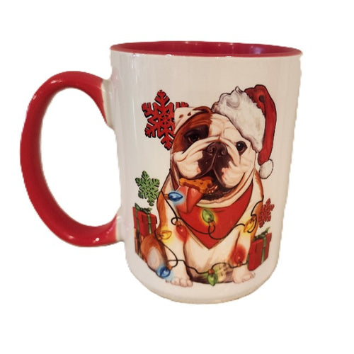 English Bulldog Wrapped in Christmas Lights Ceramic Mug, 15 oz.