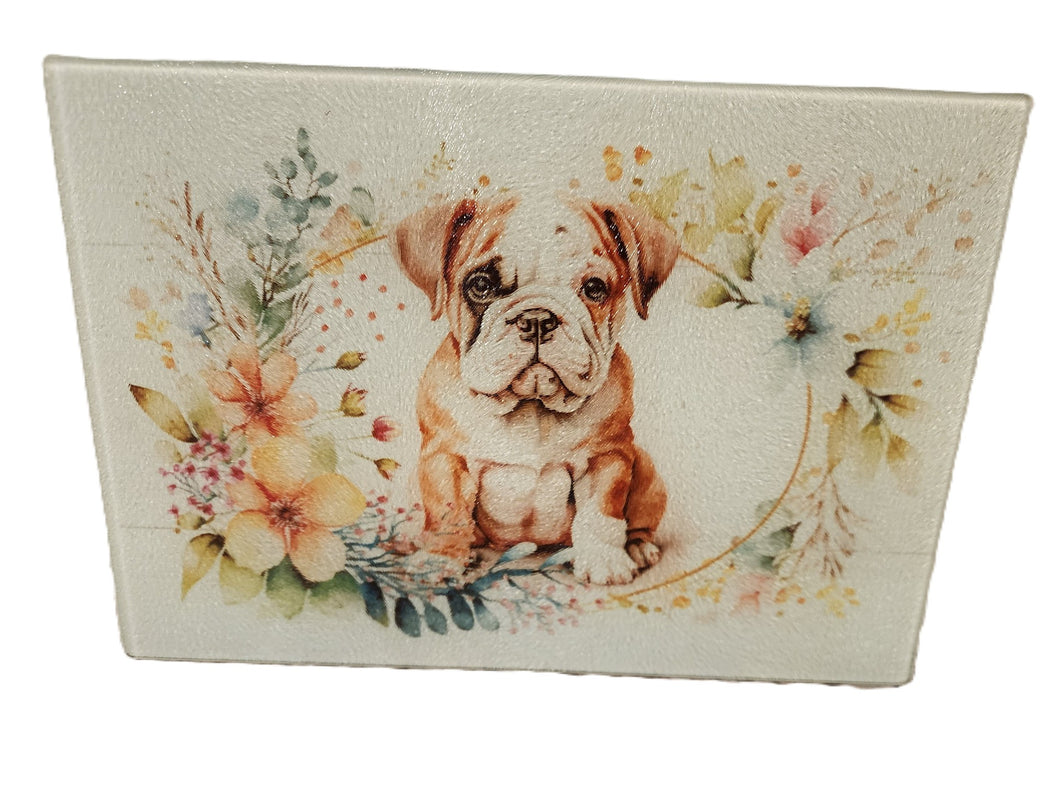 English Bulldog Pup with Flowers Tempered Glass Cutting Board