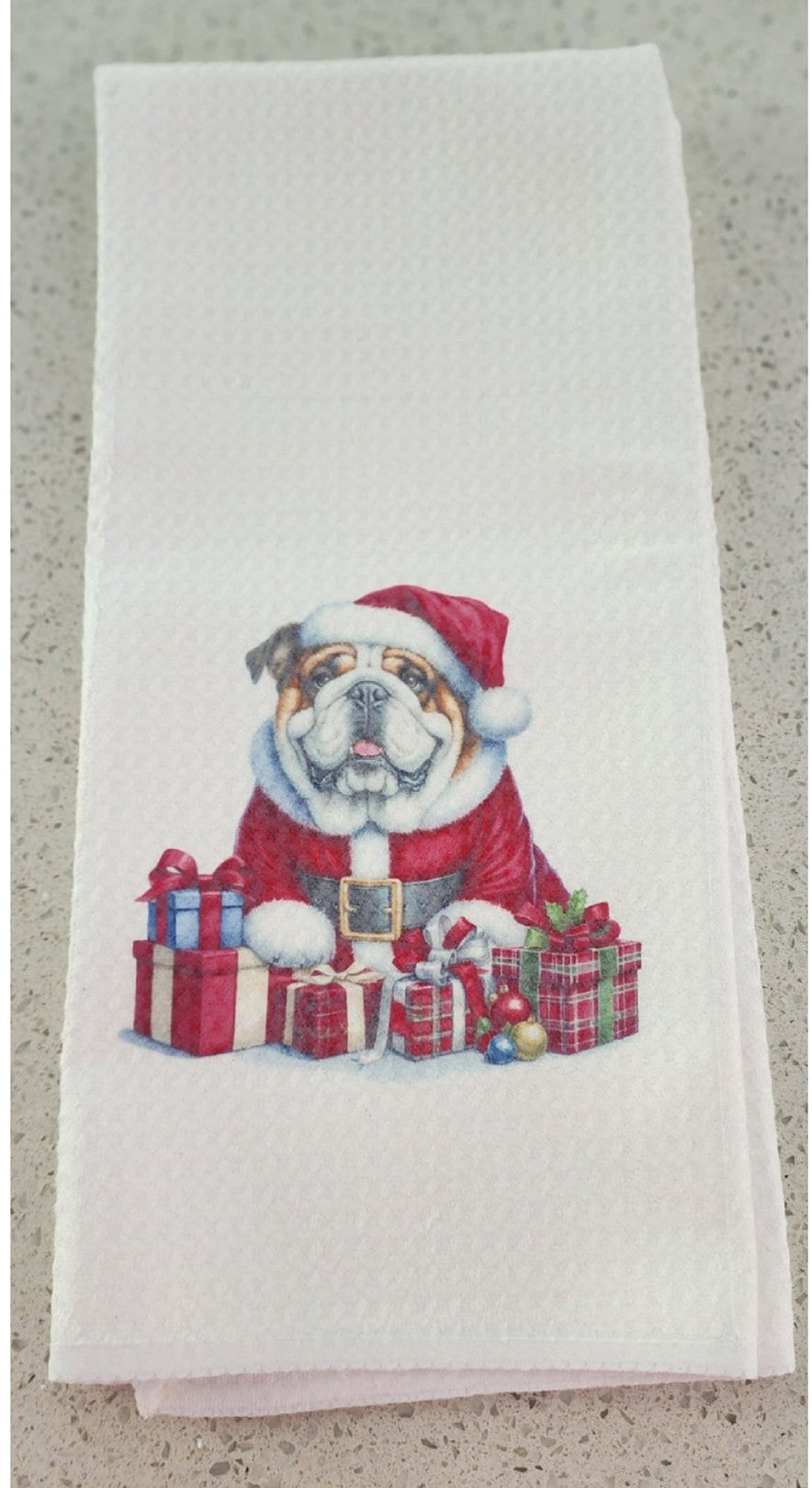 English Bulldog - Wearing Santa Outfit with Presents Towel, 25