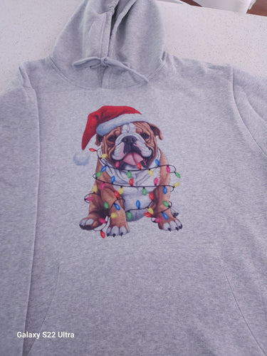 English Bulldog Wrapped in Christmas Lights Hooded Sweatshirt