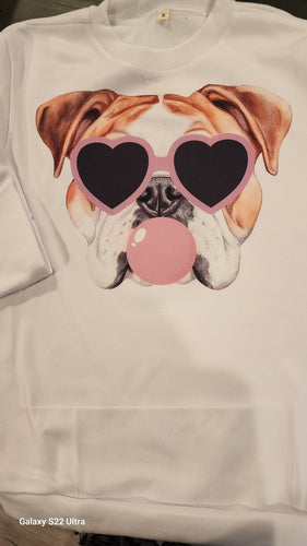 English Bulldog with Heart-Shaped Glass Blowing a Bubble Crewneck Sweatshirt