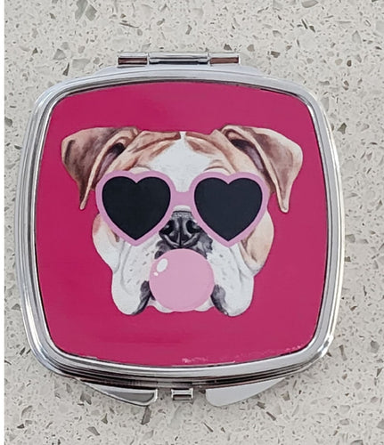 English Bulldog - Bubble Gum with Heart Shaped-Sunglasses Rectangular Compact Mirror