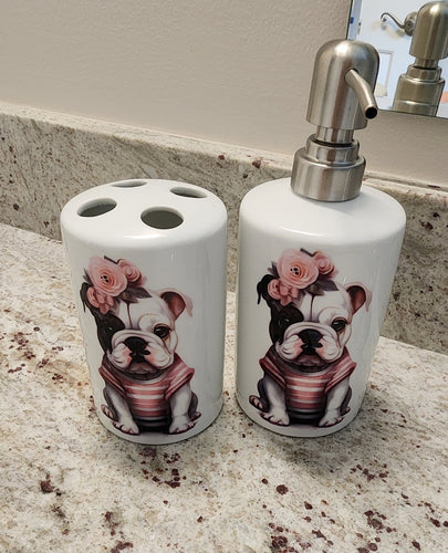 English Bulldog - Shabby Chic in Pink Outfit Ceramic Soap Dispenser