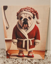 English Bulldog - Wearing a Red Robe, Slippers & Stocking Cap Solid Birch Wood Wall Art