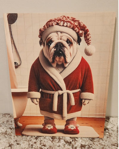 English Bulldog - Wearing a Red Robe, Slippers & Stocking Cap Solid Birch Wood Wall Art