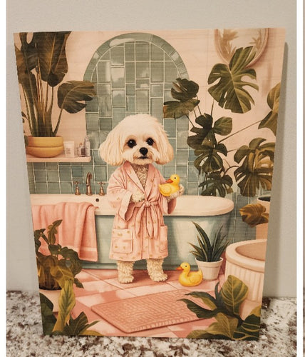 Maltese - Bathroom Scene Solid Birch Wood Wall Art