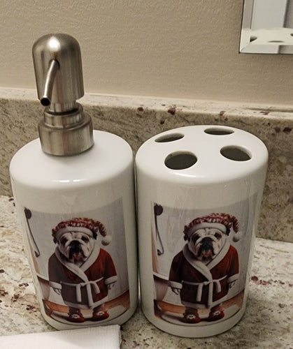 English Bulldog - Wearing a Red Robe, Slippers & Stocking Cap Ceramic Soap Dispenser