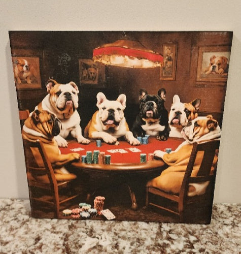 English Bulldog - Bulldogs Playing Poker Solid Birch Wood Wall Art