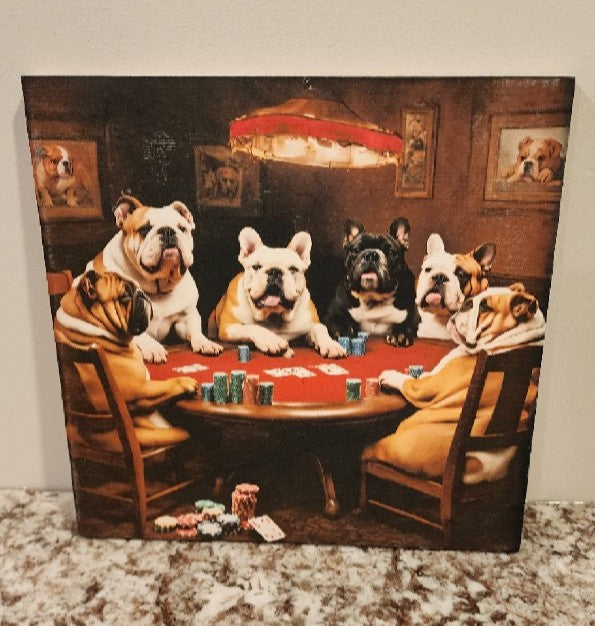 English Bulldog - Bulldogs Playing Poker Solid Birch Wood Wall Art