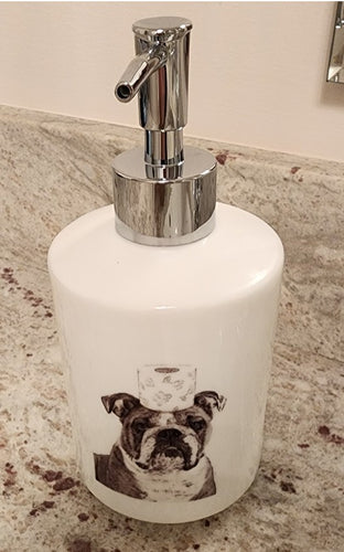 English Bulldog - Roll of Toilet Paper on Head Soap Dispenser