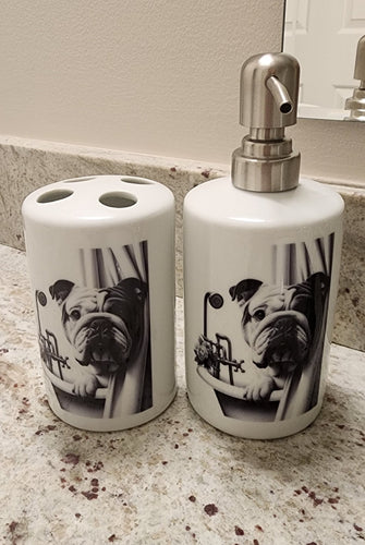 English Bulldog - Black & White Bulldog Peeking out of the Shower Ceramic Soap Dispenser