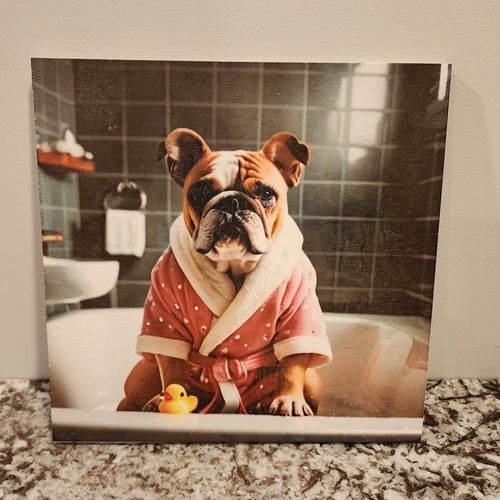 English Bulldog - Pink Robe & Rubber Ducky in Bath Tub Solid Birch Wood Wall Art