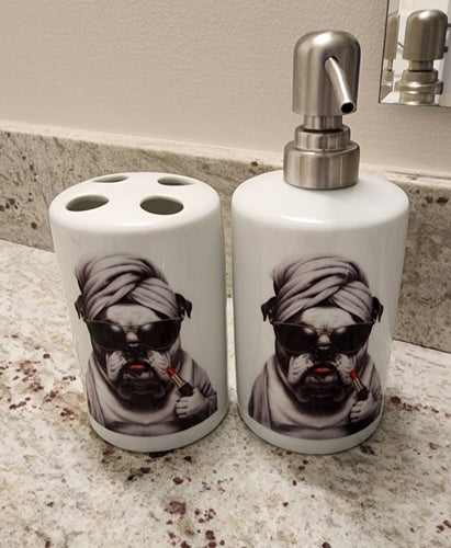 English Bulldog - Black & White Bulldog with Red Lipstick Ceramic Soap Dispenser