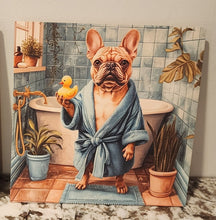 French Bulldog (Tan) - In Blue Robe with Rubber Duck Solid Birch Wood Wall Art