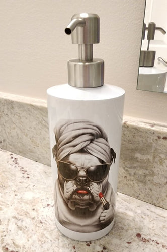 English Bulldog - Black & White with Red Lipstick Soap Dispenser