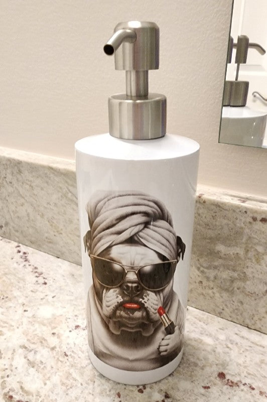 English Bulldog - Black & White with Red Lipstick Soap Dispenser