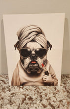 English Bulldog - Head Wrapped in Towel & Red Lipstick Solid Birch Wood Wall Art