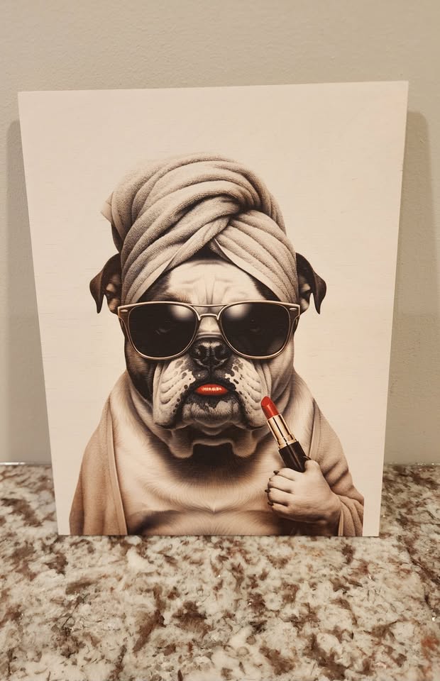 English Bulldog - Head Wrapped in Towel & Red Lipstick Solid Birch Wood Wall Art