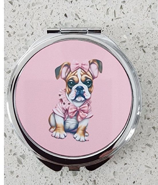 English Bulldog - Shabby Chic with Bow Round Compact Mirror