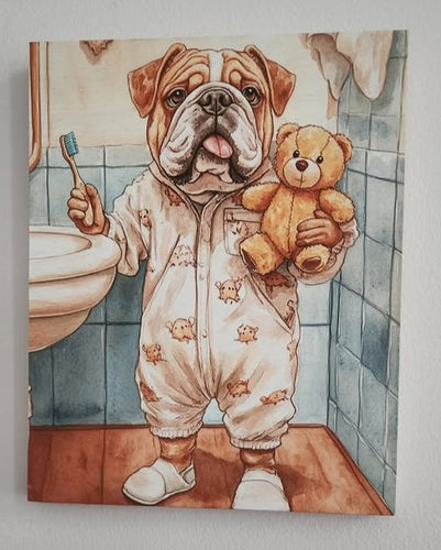 English Bulldog - Toothbrush & Teddy Bear Solid Birch Wood Wall Art